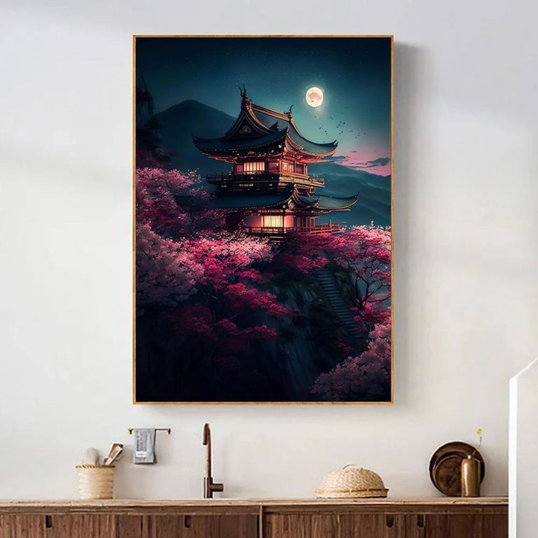 Japanse Pagode In De Nacht Schilderij 20x30 Cm