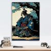 Oude Knielende Japanse Samoerai Schilderij 20x30 Cm