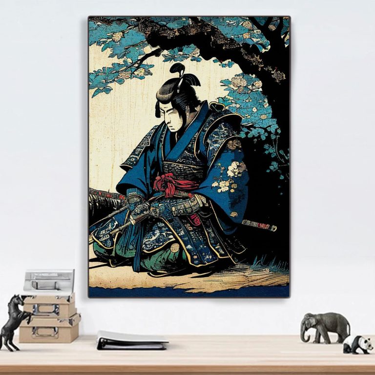 Oude Knielende Japanse Samoerai Schilderij 20x30 Cm