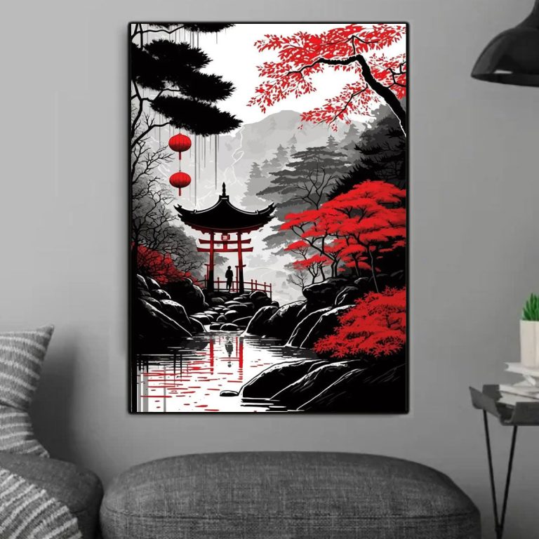 Wit En Rood Japanse Pagode Schilderij 20x30 Cm