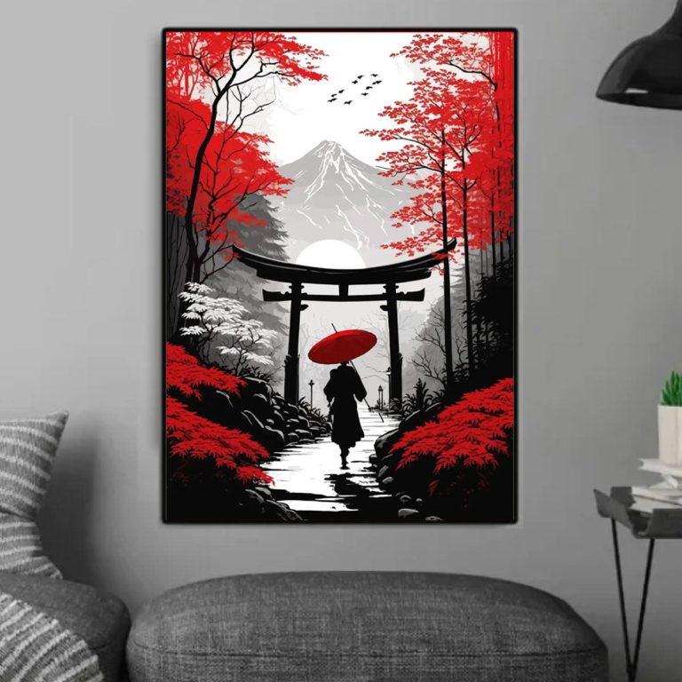 Wit En Rood Japanse Torii Poort Schilderij 20x30 Cm