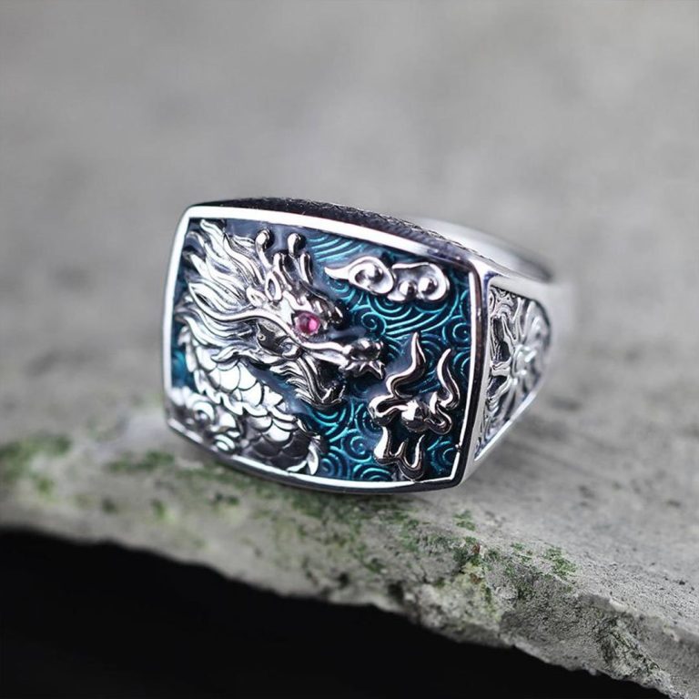 Zilveren Japanse Draak Ring Blauw